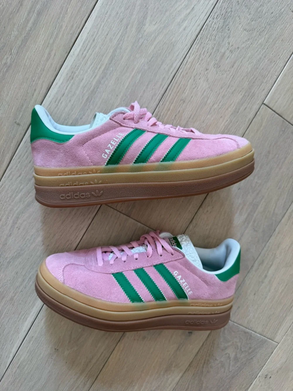 adidas Pink and Green Gazelle Platform Sneakers - Picture 1 of 9